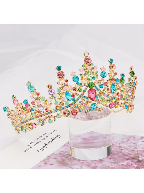 Women\'s Multicolor Gold Crystal Queen Crown Tiara Wedding Princess Headpiece